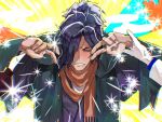  1boy bangs black_hair double_v emotional_engine_-_full_drive fate/grand_order fate_(series) hair_over_one_eye hands_up highres japanese_clothes koha-ace long_hair long_sleeves male_focus okada_izou_(fate) open_mouth parody ponytail scarf sleeping solo sparkle star tigrex380 v 