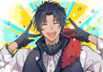  1boy bangs bartholomew_roberts_(fate/grand_order) black_hair bracelet dark_skin dark_skinned_male double_v emotional_engine_-_full_drive fate/grand_order fate_(series) gloves hally hands_up highres jewelry long_sleeves looking_at_viewer male_focus neck_ring open_mouth parody smile solo sparkle star v 