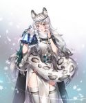  1girl :d animal_ear_fluff animal_ears arknights bangs bell belt black_cape blue_background blush cape commentary cowboy_shot dress gradient gradient_background grey_background grey_belt grey_eyes grey_legwear hands_up head_chain head_tilt highres holding holding_bell leopard_ears leopard_tail long_hair looking_at_viewer milcona open_mouth pelvic_curtain pramanix_(arknights) silver_hair smile snowflakes solo standing tail thigh-highs thighs very_long_hair white_background white_dress wristband 