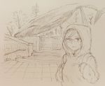  1girl highres hood hoodie kotoyama looking_at_viewer monochrome original short_hair sketch solo tree whale 