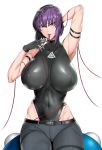  1girl arm_strap bangs belt black_gloves black_legwear black_leotard breasts cable covered_navel denim fei_(maidoll) ghost_in_the_shell gloves highleg highleg_leotard highres jeans kusanagi_motoko large_breasts leotard looking_at_viewer mouth_hold pants purple_hair red_eyes short_hair simple_background solo thigh-highs white_background 