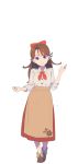  1girl apron bow brown_apron brown_footwear brown_hair collared_shirt eyebrows_visible_through_hair full_body grey_shirt hair_bow hand_up head_tilt highres long_hair long_sleeves looking_at_viewer nagisa_kurousagi neckerchief original red_bow red_neckwear red_skirt shirt shoes simple_background skirt smile solo standing violet_eyes waist_apron white_background wing_collar 