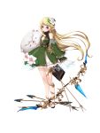  1girl arrow bangs black_footwear black_gloves blonde_hair blue_eyes blush bow_(weapon) braid breasts cleavage_cutout detached_sleeves dress feathered_wings floating_hair flower full_body gloves green_dress green_sleeves hair_flower hair_ornament highres holding holding_bow_(weapon) holding_weapon koflif long_hair long_sleeves low_twintails original partly_fingerless_gloves pointy_ears quiver sandals shadow_seven side_braids simple_background sleeveless sleeveless_dress small_breasts solo standing swept_bangs twin_braids twintails very_long_hair weapon white_background white_flower white_wings wide_sleeves wings 