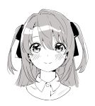  1girl blush bow closed_mouth collared_shirt copyright_request greyscale hair_between_eyes hair_bow highres looking_at_viewer monochrome nagisa_kurousagi portrait shirt simple_background smile solo two_side_up white_background wing_collar 