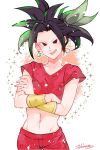  1girl :d abs bare_arms black_eyes black_hair bracelet collarbone cowboy_shot crop_top crossed_arms d89im dragon_ball dragon_ball_super earrings eyelashes fingernails frown gradient gradient_background green_eyes high_ponytail highres jewelry kefla_(dragon_ball) light_particles looking_away midriff multicolored_hair navel open_mouth pants pink_background ponytail potara_earrings red_pants shaded_face short_sleeves signature simple_background smile solo sparkle sparkle_background spiky_hair streaked_hair two-tone_hair v-shaped_eyebrows white_background 