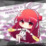 1girl beatmania beatmania_iidx blush character_request chibi closed_mouth commentary_request copyright_name full_body headphones highres holding long_hair looking_at_viewer off-shoulder_shirt off_shoulder pleated_skirt red_eyes red_hair redhead rensei shirt skirt smile socks solo thigh_strap umegiri_ameto very_long_hair white_shirt white_skirt white_socks wrist_cuffs