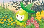  brown_eyes creature day flower full_body gen_5_pokemon grass kimura_naoyo no_humans official_art outdoors petilil plant pokemon pokemon_(creature) pokemon_trading_card_game sky solo standing third-party_source wind 