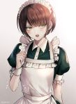  1girl alternate_costume apron bangs blunt_bangs blush brown_eyes brown_hair commentary_request dangan_ronpa enmaided eyebrows_visible_through_hair freckles koizumi_mahiru looking_to_the_side maid maid_apron maid_headdress open_mouth puffy_short_sleeves puffy_sleeves short_hair short_sleeves simple_background super_dangan_ronpa_2 upper_body upper_teeth white_background z-epto_(chat-noir86) 