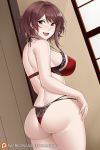    1girl aslindsamure ass back bangs banned_artist bare_shoulders blush bra breasts brown_hair butt_crack fang girls_frontline highres lace lace-trimmed_bra lace-trimmed_panties large_breasts long_hair looking_at_viewer looking_back open_mouth panties pm-06_(girls_frontline) red_bra red_eyes red_panties short_hair smile solo swept_bangs thighs underwear 