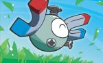  ^_^ closed_eyes creature floating full_body gen_1_pokemon grass leaf magnemite magnet mahou no_humans pokemon pokemon_(creature) pokemon_trading_card_game screw solo wind 
