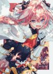  1boy armor astolfo_(fate) belt belt_buckle black_bow blush bow braid buckle capelet character_name cloak eyebrows_visible_through_hair fang fate/grand_order fate_(series) fur_trim gauntlets hair_between_eyes hair_bow highres long_hair open_mouth otoko_no_ko pink_hair shaded_face smile tongue violet_eyes white_capelet yuno_tsuitta 