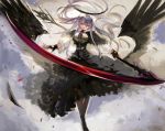  1girl absurdres angel angel_wings bangs black_dress black_footwear black_gloves black_legwear blood breasts clouds dated dress feathers fingerless_gloves gloves grey_hair halo highres holding holding_scythe holding_weapon long_hair nagasawa_tougo original pantyhose purple_neckwear scythe solo twitter_username weapon wings 
