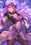  1girl absurdres bangs blue_sky clouds cloudy_sky dress fate/grand_order fate_(series) feather_trim fur-trimmed_dress fur_trim hair_between_eyes headpiece highres holding holding_wand medb_(fate)_(all) medb_(fate/grand_order) mikumo_(lpmkookm) purple_dress purple_hair purple_ribbon red_eyes ribbon scathach_(fate)_(all) scathach_skadi_(fate/grand_order) sky smile solo tiara wand 