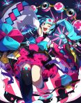  1girl aqua_bow aqua_eyes aqua_hair bangs black_legwear blunt_bangs bow bowtie commentary detached_sleeves drum fan feet_out_of_frame floral_print folding_fan hair_ornament hair_ribbon hairclip hatsune_miku highres holding holding_fan instrument japanese_clothes kikori70796699 leg_up long_hair looking_at_viewer magical_mirai_(vocaloid) mismatched_sleeves night one_eye_closed open_mouth pink_bow ribbon single_thighhigh smile solo speaker standing star_(sky) thigh-highs twintails very_long_hair vocaloid wide_sleeves 