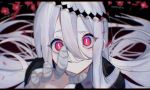  1girl bandaged_fingers bandages eyes_visible_through_hair floating floating_headgear flower gekiyaku hair_between_eyes headgear kisakibu long_hair parted_lips reaching_out red_eyes red_flower slit_pupils smile solo utau very_long_hair white_hair 