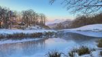  bare_tree blue_sky dao_dao day forest grass highres horizon mountain mountainous_horizon nature no_humans original outdoors reflection river scenery sky snow tree 