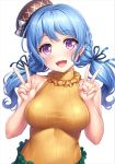  1girl :d alternate_hairstyle bang_dream! bangs black_headwear blue_hair blue_ribbon blush bow braid breasts double_v earrings frilled_shirt_collar frills hair_ribbon hat hat_bow jewelry lambda_(kusowarota) long_hair looking_at_viewer matsubara_kanon medium_breasts open_mouth pocket ribbed_sweater ribbon simple_background sleeveless_sweater smile solo strap_slip sweater tight twintails upper_body v violet_eyes white_background white_bow yellow_sweater 