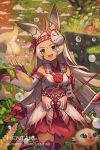  1girl :d animal animal_ear_fluff animal_ears arrow artist_name bangs bare_shoulders blue_eyes bow_(weapon) breasts cat commentary dark_skin detached_sleeves dragalia_lost english_commentary eyebrows_visible_through_hair fake_horns gloves hair_between_eyes hand_up hentaki highres holding holding_bow_(weapon) holding_weapon horned_mask long_hair long_sleeves mask mask_on_head open_mouth parted_bangs quiver rabbit_ears red_skirt sarisse_(dragalia_lost) skirt small_breasts smile solo upper_teeth very_long_hair watermark weapon web_address white_gloves white_hair white_sleeves 