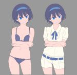  1girl bare_arms bare_shoulders belt blue_belt blue_eyes blue_hairband blue_neckwear blue_ribbon bra closed_mouth collared_shirt contrapposto cropped_legs crossed_arms eyebrows_visible_through_hair grey_background hairband highres looking_to_the_side multiple_views nagisa_kurousagi navel neck_ribbon original panties purple_bra purple_hair purple_panties ribbon shirt short_sleeves shorts simple_background solo underwear underwear_only white_shirt white_shorts wing_collar 