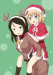  2girls absurdres animal_costume antlers bangs bell bell_collar belt black_belt black_hair black_legwear blonde_hair blue_eyes brown_jumpsuit capelet carrying christmas collar commentary_request dress fake_antlers fur-trimmed_capelet fur-trimmed_dress fur_trim girls_und_panzer gloves green_background hat highres katyusha_(girls_und_panzer) leaning_forward long_hair looking_at_viewer miyabi_(miyabeeya) multiple_girls nonna_(girls_und_panzer) open_mouth partial_commentary red_capelet red_dress red_gloves red_headwear reindeer_antlers reindeer_costume santa_costume santa_gloves santa_hat short_dress short_hair shoulder_carry smile socks standing swept_bangs 