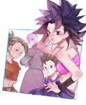  2boys 2girls :o arms_behind_back bangs bare_arms bare_shoulders belt black_eyes black_hair blue_border blue_shirt border breasts cabba caulifla collarbone crop_top crossed_arms d89im dark_skin dragon_ball dragon_ball_super earrings expressionless eyebrows_visible_through_hair eyelashes frown half-closed_eyes hand_in_hair hand_on_hip high_ponytail hit_(dragon_ball) jewelry kale_(dragon_ball) leaning leaning_to_the_side looking_at_viewer looking_back medium_breasts midriff multiple_boys multiple_girls navel outside_border pants ponytail purple_pants red_eyes shirt short_sleeves sideboob simple_background spiky_hair strapless striped teeth tubetop upper_teeth v-shaped_eyebrows white_background wristband 