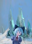  1girl absurdres bangs blue_dress blue_eyes blue_hair blush bow cirno dress english_text eyebrows_visible_through_hair hair_bow highres ice ice_wings open_mouth red_neckwear reddizen short_hair solo touhou wings 