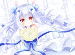  1girl animal_ears azur_lane bangs bare_shoulders blue_flower blurry blurry_background blush bouquet closed_mouth commentary_request depth_of_field dress eyebrows_visible_through_hair flower grey_ribbon hair_between_eyes hair_flower hair_ornament hair_ribbon holding holding_bouquet laffey_(azur_lane) laffey_(white_rabbit&#039;s_oath)_(azur_lane) long_hair looking_at_viewer rabbit_ears red_eyes ribbon shikito silver_hair smile solo very_long_hair wedding_dress white_dress yellow_flower 