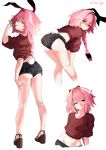  1boy absurdres ass astolfo_(fate) bent_over black_bow bow braid bunny_tail candy chocpocalypse fang fate/apocrypha fate_(series) food hair_intakes highres licking lollipop long_braid looking_at_viewer male_focus midriff multicolored_hair otoko_no_ko over_shoulder pink_hair short_shorts short_sleeves shorts single_braid skin_fang smile solo streaked_hair tail tongue tongue_out twitter_username violet_eyes 