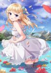  1girl absurdres back_bow bare_arms bare_shoulders blonde_hair blue_eyes blurry blurry_background blush bow breasts clouds cloudy_sky commentary_request double_bun dress dress_lift eyebrows_visible_through_hair frilled_dress frills green_hair hair_between_eyes hair_ribbon highres lake looking_at_viewer looking_to_the_side medium_hair mountain open_mouth original petals ribbon siooooono sky small_breasts solo sparkle sundress wading water_drop white_dress wing_hair_ornament 