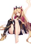  1girl asymmetrical_legwear asymmetrical_sleeves bangs between_breasts blonde_hair blush breasts cape detached_collar earrings ereshkigal_(fate/grand_order) fate/grand_order fate_(series) feet fur-trimmed_cape fur_trim gold_trim hoop_earrings infinity jewelry knees_up large_breasts legs long_hair looking_at_viewer meslamtaea_(weapon) multicolored multicolored_cape multicolored_clothes necklace parted_bangs red_cape red_eyes sakanasoko simple_background single_thighhigh sitting skull solo spine thigh-highs tiara two_side_up white_background yellow_cape 