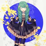  1girl boots bow closed_eyes crml_orng dress drill_hair fire_emblem fire_emblem:_three_houses flayn_(fire_emblem) flower green_hair grey_background hair_ornament hairclip highres long_hair open_mouth solo thigh-highs 