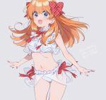  1girl alternate_costume bikini blue_eyes bow cowboy_shot frilled_bikini frills gekkan_shoujo_nozaki-kun grey_background hair_bow keta_name long_hair looking_at_viewer open_mouth orange_hair polka_dot polka_dot_bow red_bow sakura_chiyo simple_background smile solo standing swimsuit translation_request white_bikini 