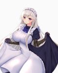  1girl apron azur_lane breasts dress enterprise_(azur_lane) gloves hair_ornament hairband highres kdkaikai large_breasts long_hair looking_at_viewer maid maid_apron maid_dress maid_headdress silver_hair simple_background smile solo tagme violet_eyes white_background 