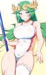  1girl bare_shoulders blush breasts choker competition_swimsuit danpu green_eyes green_hair highres kid_icarus large_breasts long_hair looking_at_viewer one-piece_swimsuit open_mouth palutena simple_background single_thighhigh smile solo staff swimsuit thigh-highs tiara very_long_hair 