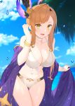  1girl bikini blue_sky bracelet breasts brown_hair droplet granblue_fantasy highres jewelry large_breasts long_hair navel ocean raitho104 sky song_(granblue_fantasy) swimsuit white_bikini yellow_eyes 