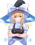  1girl absurdres back_bow black_headwear black_vest blonde_hair blue_sky bow braid clouds commentary_request cropped_torso crossed_arms eyebrows_visible_through_hair frilled_hat frills hair_bow hat hat_bow high_collar highres kirisame_marisa korean_commentary long_hair looking_at_viewer shirt short_sleeves single_braid sky smile solo star tassel touhou upper_body vest white_background white_bow white_shirt witch_hat yellow_eyes z_loader 