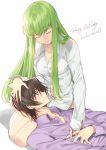  1boy 1girl bangs brown_hair c.c. character_name closed_eyes closed_mouth code_geass collared_shirt creayus dated english_text eyebrows_visible_through_hair facing_viewer fingernails green_hair grey_hair happy_birthday lap_pillow lelouch_lamperouge long_hair long_sleeves lying on_back purple_shirt shirt simple_background sitting smile violet_eyes white_background white_shirt wing_collar 