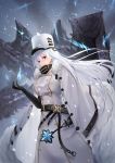  1girl azur_lane belt black_gloves cloak coat_dress commentary_request crystal double-breasted elbow_gloves fur_trim gloves gold_trim hair_between_eyes hat high_collar highres long_hair looking_at_viewer machinery military_hat oshishio red_eyes smile snowing solo sovetskaya_rossiya_(azur_lane) standing white_hair white_headwear 