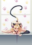  1girl animal_ears asymmetrical_clothes asymmetrical_sleeves bikini blonde_hair breast_press cat_ears cat_tail commentary commentary_request earrings ereshkigal_(fate/grand_order) fate/grand_order fate_(series) happymonk highres jewelry long_hair open_mouth paw_pose paws red_eyes side-tie_bikini single_thighhigh swimsuit tail thigh-highs top-down_bottom-up very_long_hair 