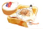  4others artist_name bear bird chai commentary egg_yolk food fruit highres looking_at_another looking_at_viewer multiple_others no_humans original penguin pepper scarf simple_background sitting_on_food strawberry sunny_side_up_egg toast translated white_background yogurt 
