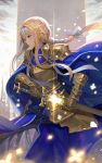  1girl alice_schuberg armor armored_dress blonde_hair blue_eyes braid commentary_request dress floating_hair from_side frown hair_ribbon hairband highres holding holding_weapon knight long_hair looking_at_viewer rainmood ribbon solo sword sword_art_online weapon white_hairband white_ribbon 