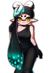 +_+ 1girl alternate_hair_color alternate_hairstyle black_dress black_gloves callie_(splatoon) closed_mouth domino_mask dress earrings food food_on_head formal gloves hair_over_one_eye highres jewelry long_dress long_hair looking_at_viewer mask mole mole_under_eye object_on_head poin simple_background single_strap sleeveless sleeveless_dress smile solo splatoon_(series) splatoon_1 standing sushi tentacle_hair very_long_hair white_background wuju_(1198979953) yellow_eyes