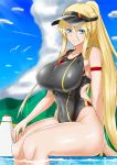  1girl absurdres alo4610 azur_lane bismarck_(azur_lane) black_swimsuit blonde_hair blue_eyes blue_sky breasts clouds commentary_request competition_swimsuit covered_navel cowboy_shot day highres large_breasts long_hair megaphone one-piece_swimsuit outdoors ponytail sitting sky smile solo swimsuit visor_cap whistle whistle_around_neck 