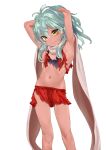  1girl absurdres armpits arms_behind_head arms_up bangs blush closed_mouth dark_skin emerada_(xenogears) eyebrows_visible_through_hair fantia_reward flat_chest green_hair highres long_hair messy_hair miniskirt mochi_(circle_rin) navel paid_reward red_skirt ribs scarf shirt simple_background skinny skirt smile solo standing torn_clothes torn_shirt torn_skirt white_background white_scarf xenogears yellow_eyes 