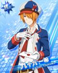  cap character_name idolmaster idolmaster_side-m jacket letter necktie orange_hair red_eyes short_hair tsukumo_kazuki 