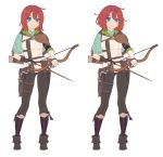  1girl absurdres arrow blue_capelet blue_eyes boots bow_(weapon) brown_footwear brown_gloves brown_pants capelet closed_mouth contrapposto gloves head_tilt highres holding holding_bow_(weapon) holding_weapon looking_at_viewer mismatched_gloves multiple_views nagisa_kurousagi original pants partly_fingerless_gloves quiver red_legwear redhead simple_background smile standing striped striped_legwear vest weapon white_background white_gloves 