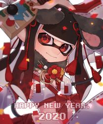  1girl 2020 animal_ears arm_up bangs black_hair blunt_bangs chinese_zodiac closed_mouth commentary crop_top detached_sleeves domino_mask ema english_commentary english_text fake_animal_ears fake_tail flower fur_collar gradient_hair happy_new_year highres holding inkling long_hair looking_at_viewer mask mouse_ears mouse_tail multicolored_hair new_year nontraditional_miko pointy_ears prat_rat red_eyes red_skirt redhead skirt smile solo sparkle splatoon_(series) tail tentacle_hair upper_body white_sleeves year_of_the_rat 