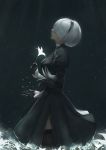  1girl black_dress black_gloves black_hairband black_legwear breasts closed_mouth commentary_request dress facing_away flower from_side gloves hairband highres holding holding_flower juliet_sleeves long_sleeves marumoru medium_breasts nier_(series) nier_automata puffy_sleeves short_hair silver_hair solo standing thigh-highs white_flower yorha_no._2_type_b 