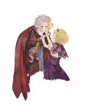  1boy 1girl a082 blonde_hair blue_eyes closed_eyes dirty_face djeeta_(granblue_fantasy) gloves granblue_fantasy grimnir heterochromia jacket_on_shoulders open_mouth pointy_ears puffy_sleeves red_eyes short_hair short_sleeves silver_hair skirt smile warlock_(granblue_fantasy) white_gloves wiping_face 