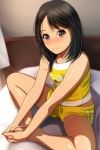  1girl absurdres bangs bare_arms bare_legs bare_shoulders barefoot bed black_hair blurry blurry_background blush breasts brown_eyes closed_mouth depth_of_field eyebrows_visible_through_hair highres indoors long_hair looking_at_viewer matsunaga_kouyou nose_blush on_bed original parted_bangs shirt short_shorts shorts sitting sleeveless sleeveless_shirt small_breasts smile solo yellow_shirt yellow_shorts 